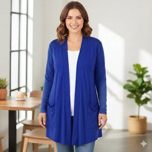 Plus Size Cardigan - Blue Cardigan - Drapey Open Front Long Sleeve Cardigan